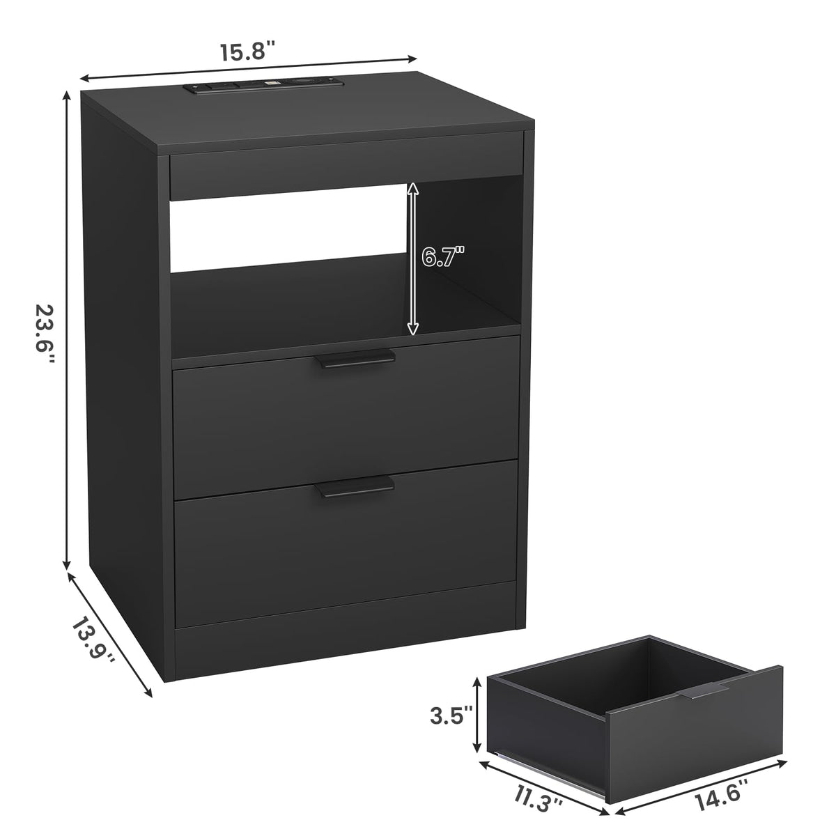 Black LED Nightstand with Wireless Charging Station and 2 Drawers D6901