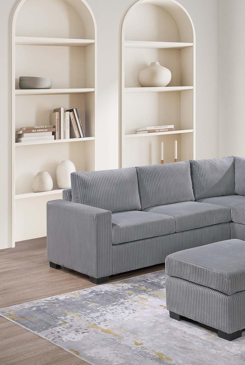 Light Gray Corduroy Upholstered Sectional Sofa Set S135610