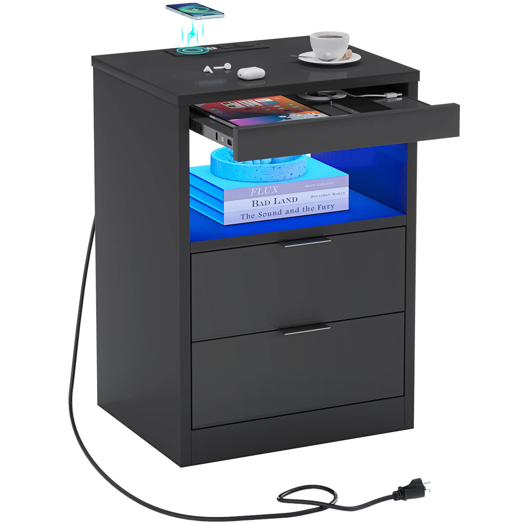 Black LED Nightstand with Wireless Charging Station and 2 Drawers D6901