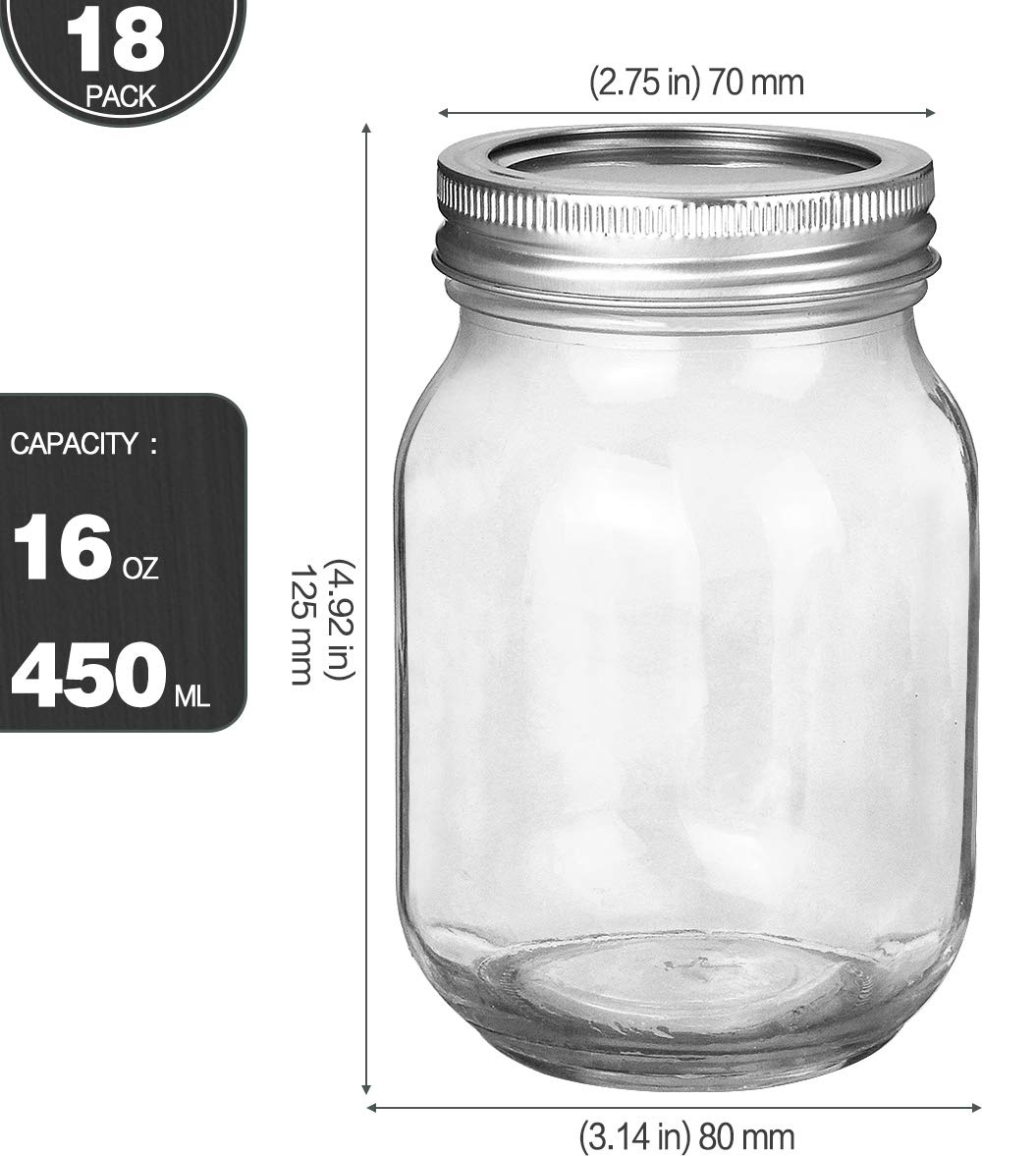 16oz Regular Mouth Mason Jars 18 Pack V3941