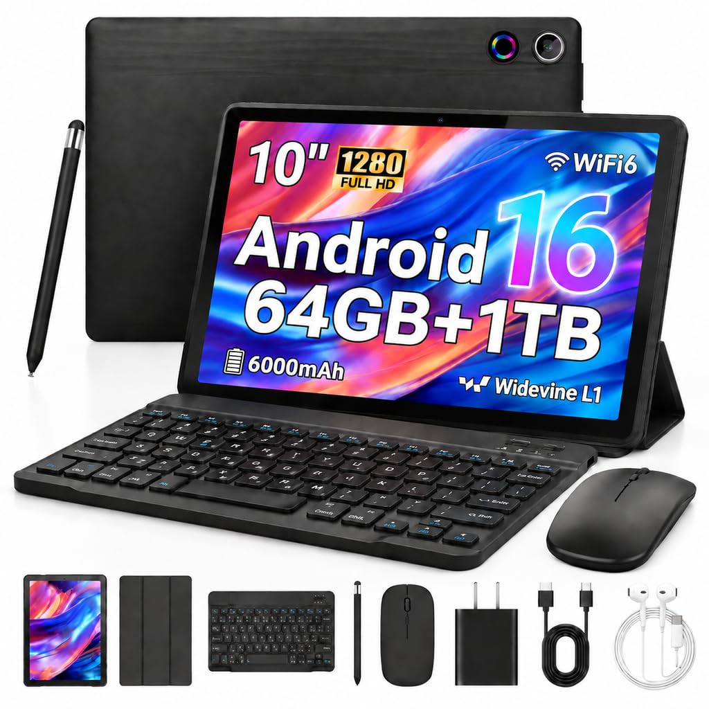 Android 16 Tablet with Keyboard Mouse Stylus Case, 64GB ROM 10.1 inch HD IPS Screen, 6000mAh Battery, WiFi 6 Tablets Bundle A42034