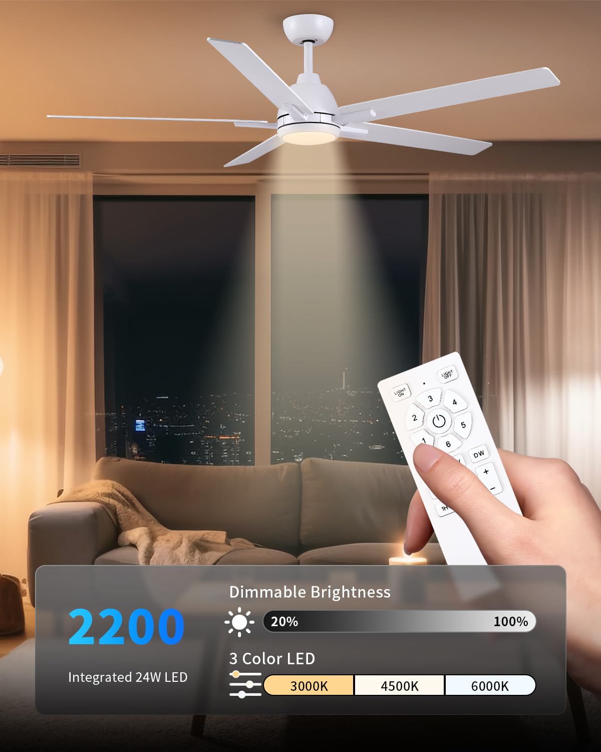 60 Inch White Ceiling Fan with Light & Remote Y720785