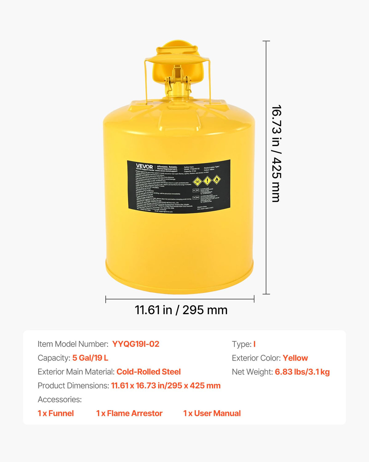 5 Gallon Type I Yellow Metal Container with Flame Arrester R47556