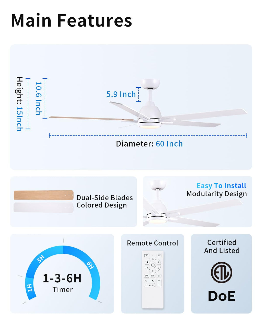 60 Inch White Ceiling Fan with Light & Remote Y720785