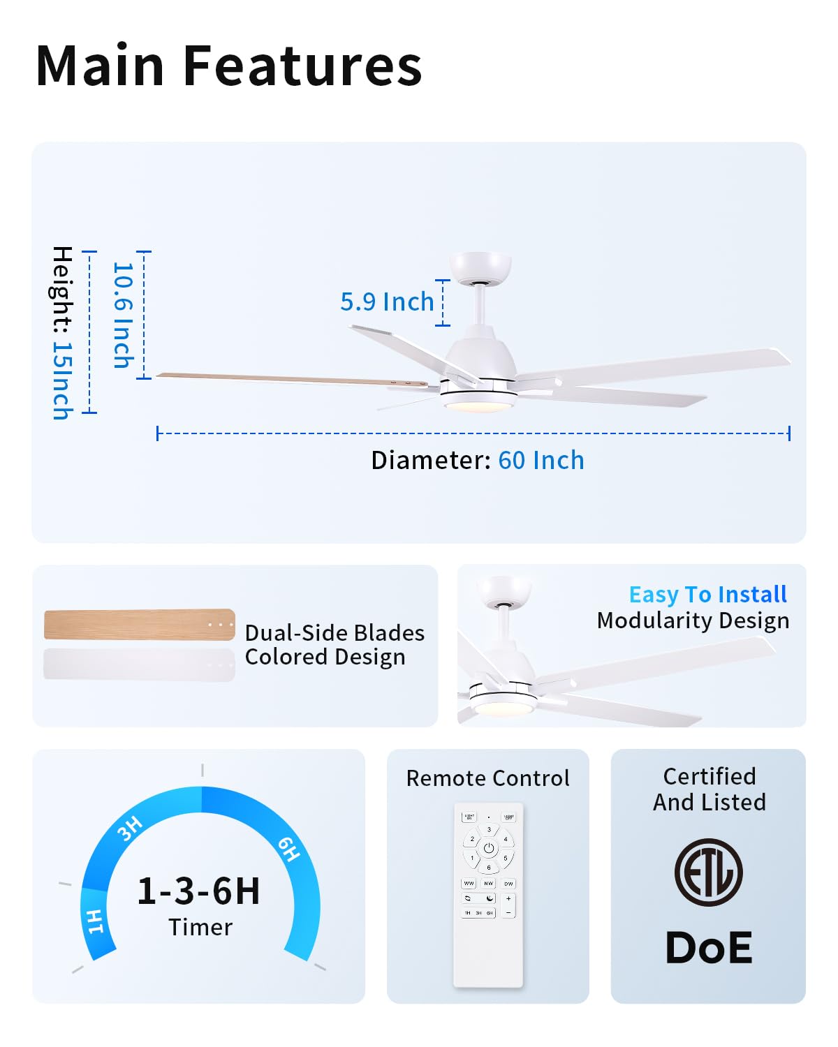 60 Inch White Ceiling Fan with Light & Remote Y720785