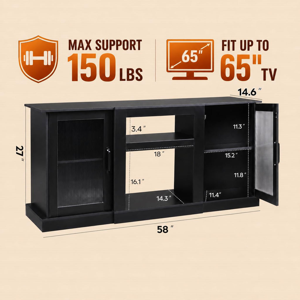Black 58" TV Stand with Storage Cabinets and Adjustable Shelves K2819