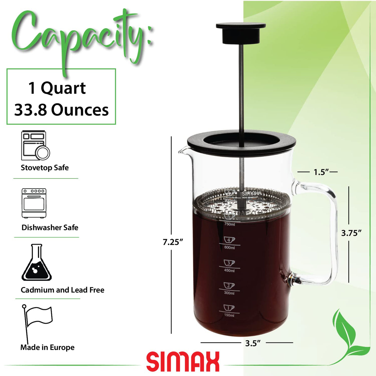 1 Liter Dishwasher Safe Borosilicate Glass French Press B6286