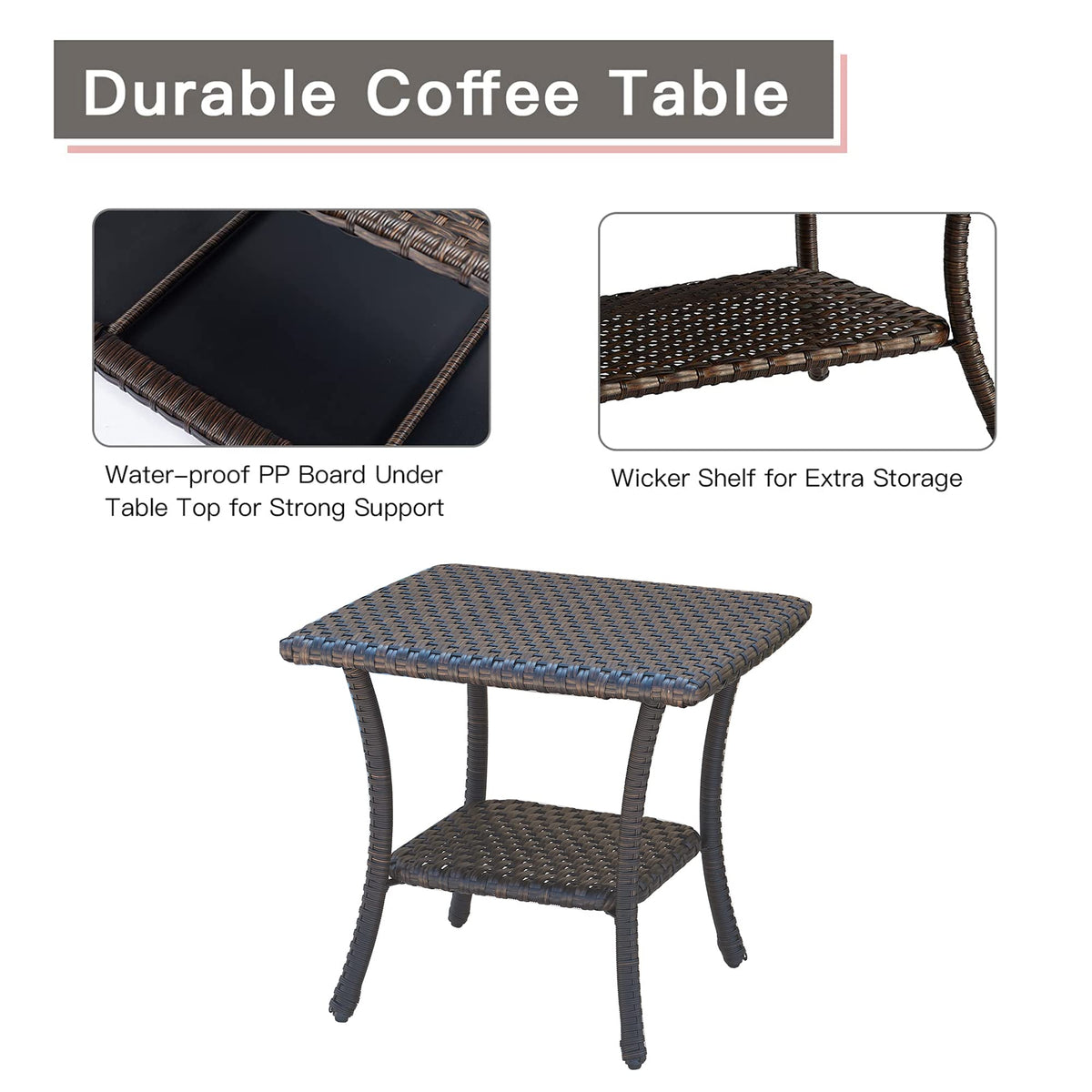 Brown Wicker Rattan 2-Tier Outdoor Coffee Table U432758