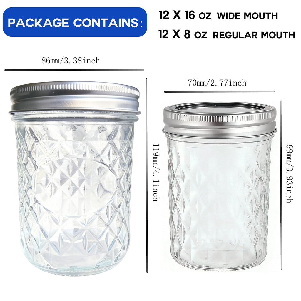 8oz & 16oz 24 Pack Canning Glass Jars with Airtight Lids J442