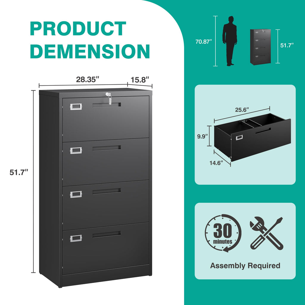 Black 4 Drawer Metal Lateral File Cabinet with Lock K91697