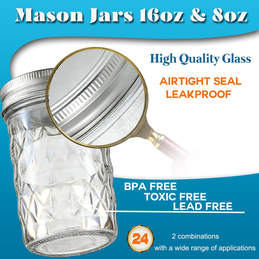 8oz & 16oz 24 Pack Canning Glass Jars with Airtight Lids J442