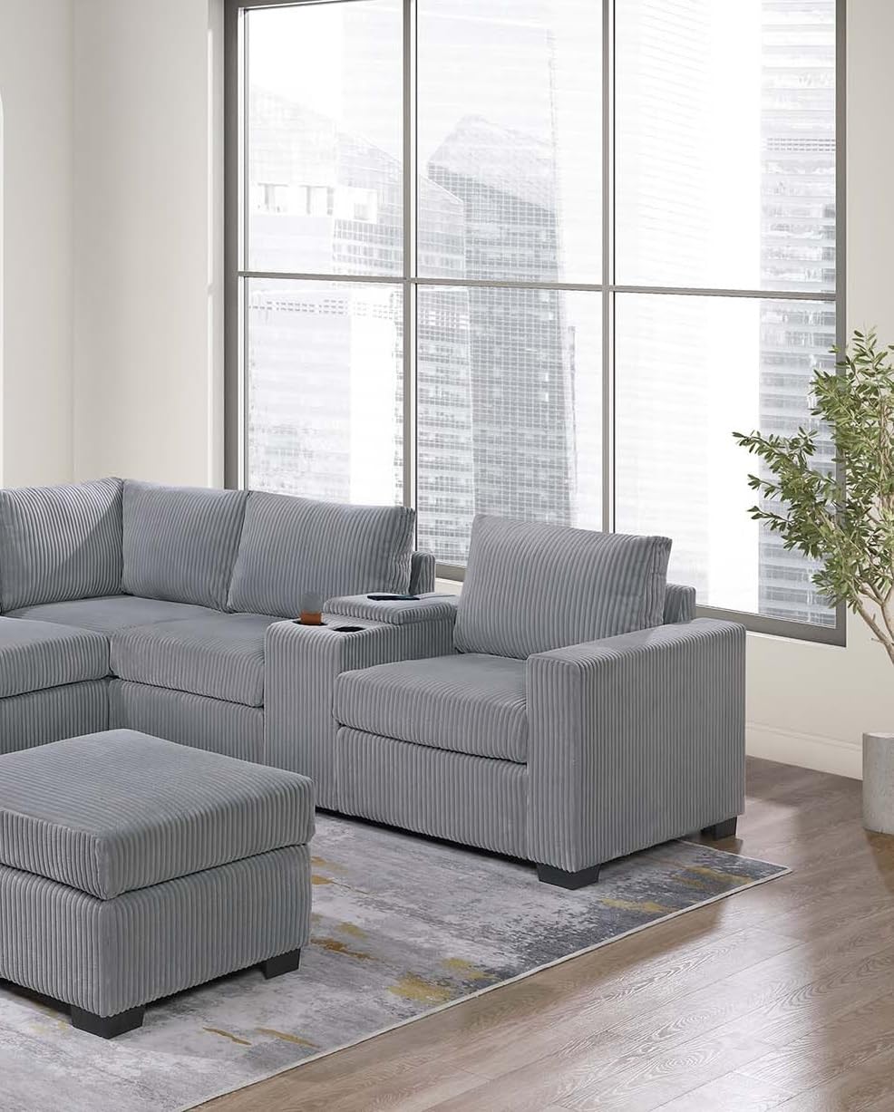 Light Gray Corduroy Upholstered Sectional Sofa Set S135610