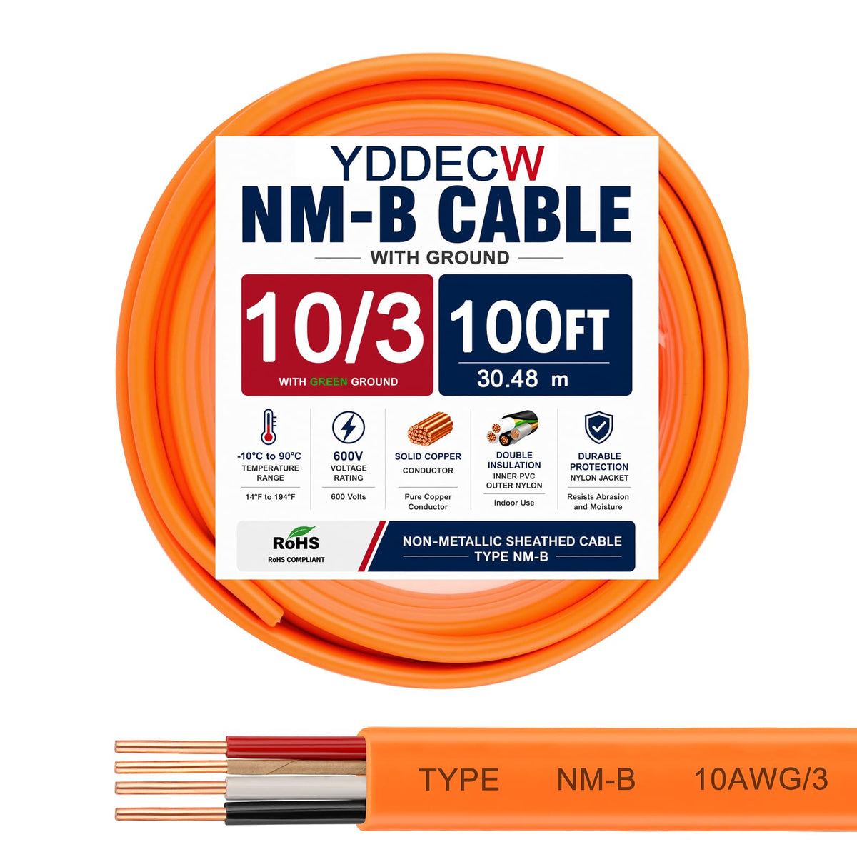 10 Gauge 3 Conductor NM-B Wire with Ground 100FT A55566
