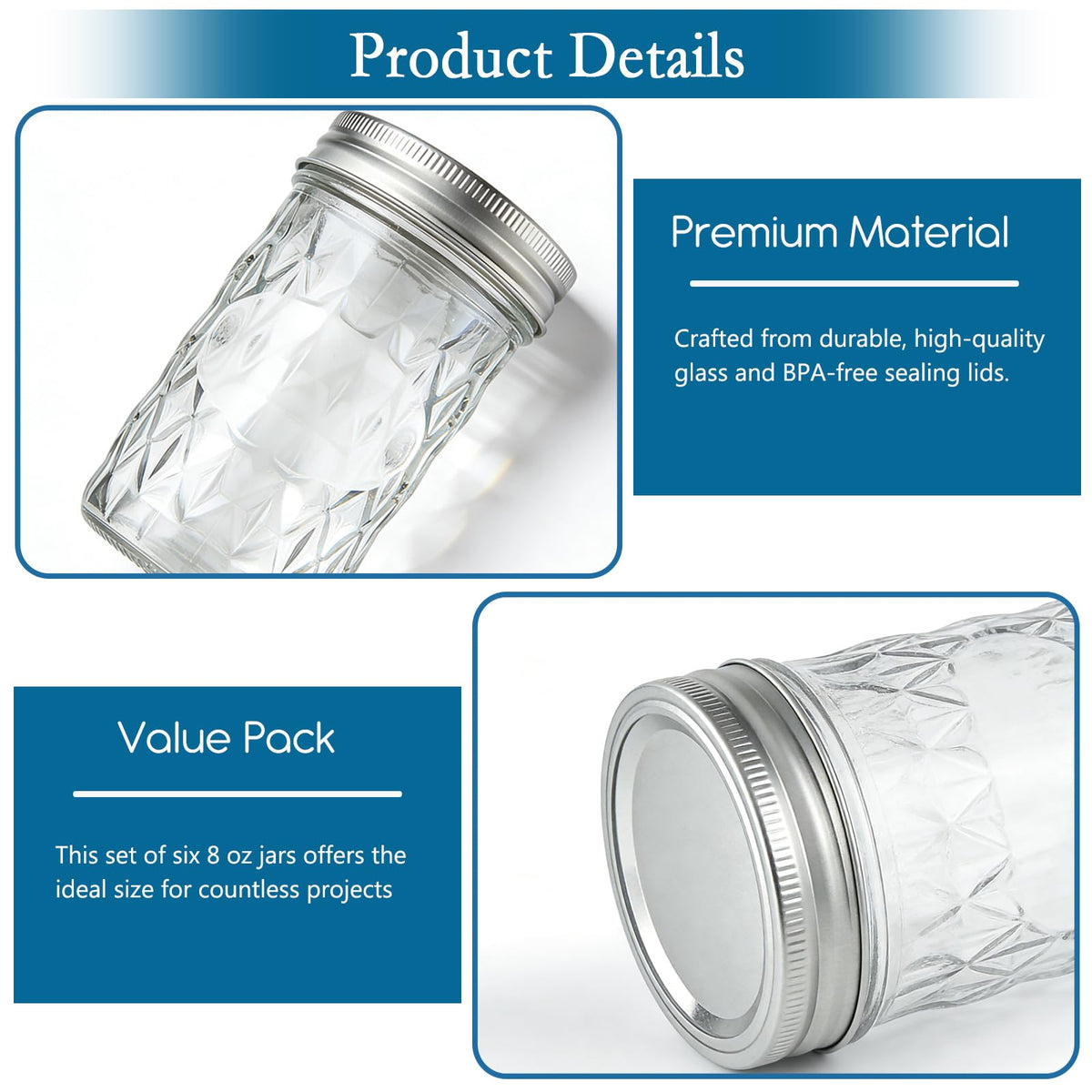 8oz & 16oz 24 Pack Canning Glass Jars with Airtight Lids J442