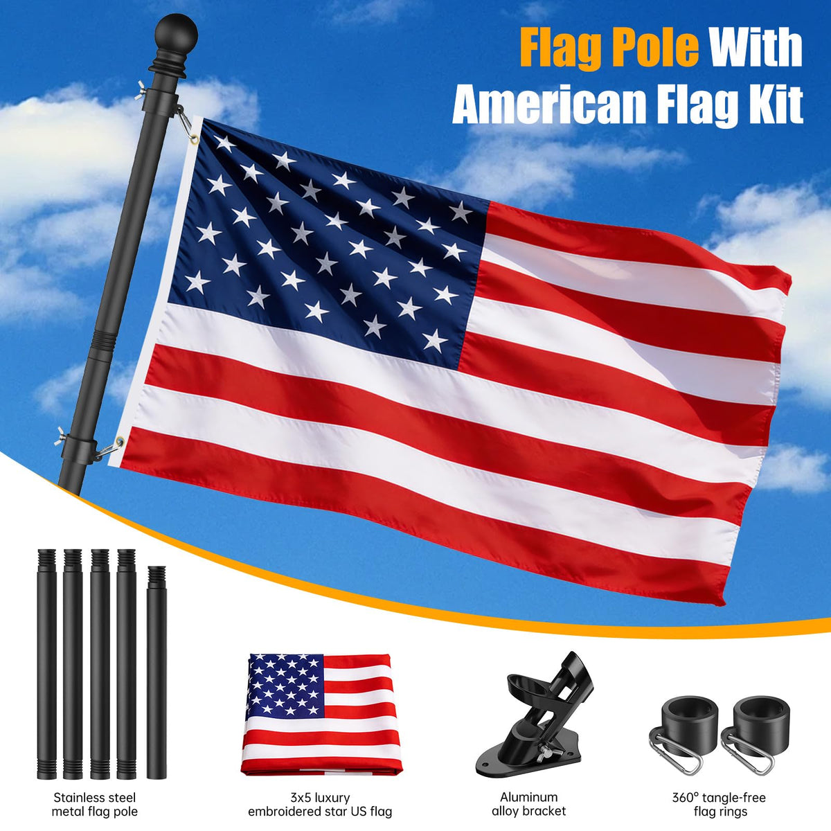 6FT Heavy Duty Tangle Free Steel Flag Pole Kit with 3x5 USA Flag V379