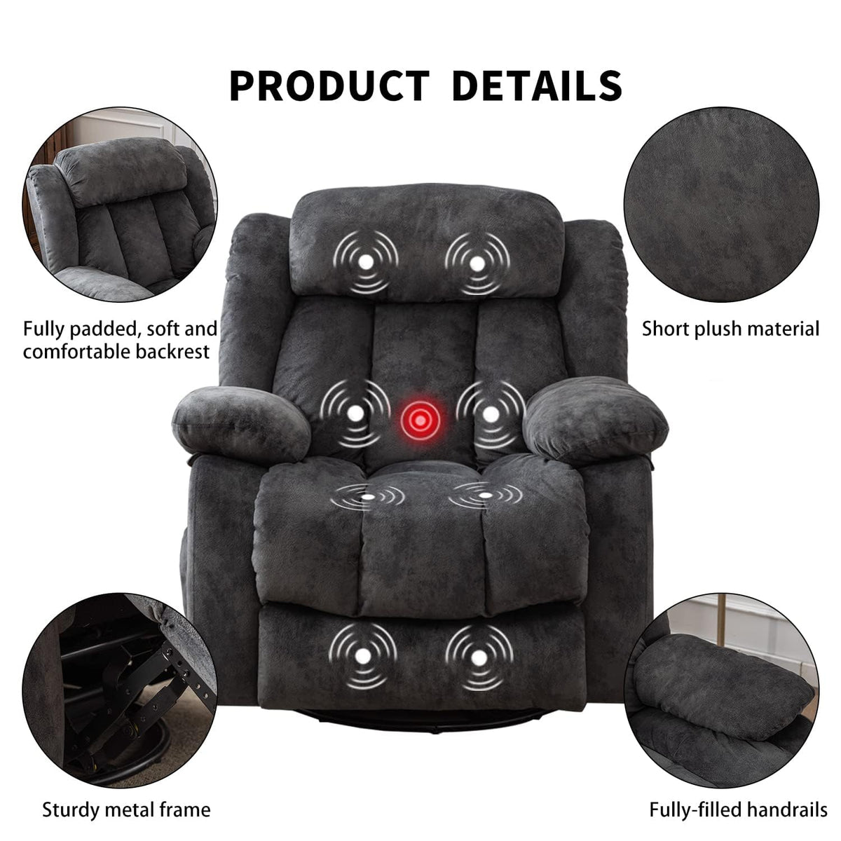 Grey Manual Swivel Rocker Recliner with Heat and Vibration G99741