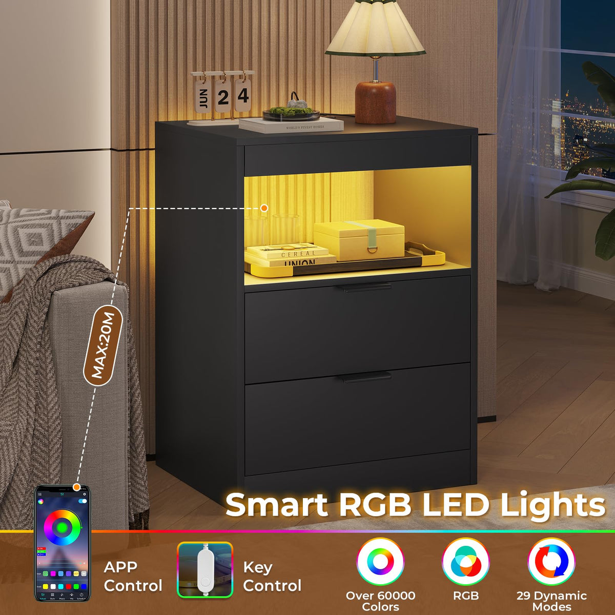 Black LED Nightstand with Wireless Charging Station and 2 Drawers D6901