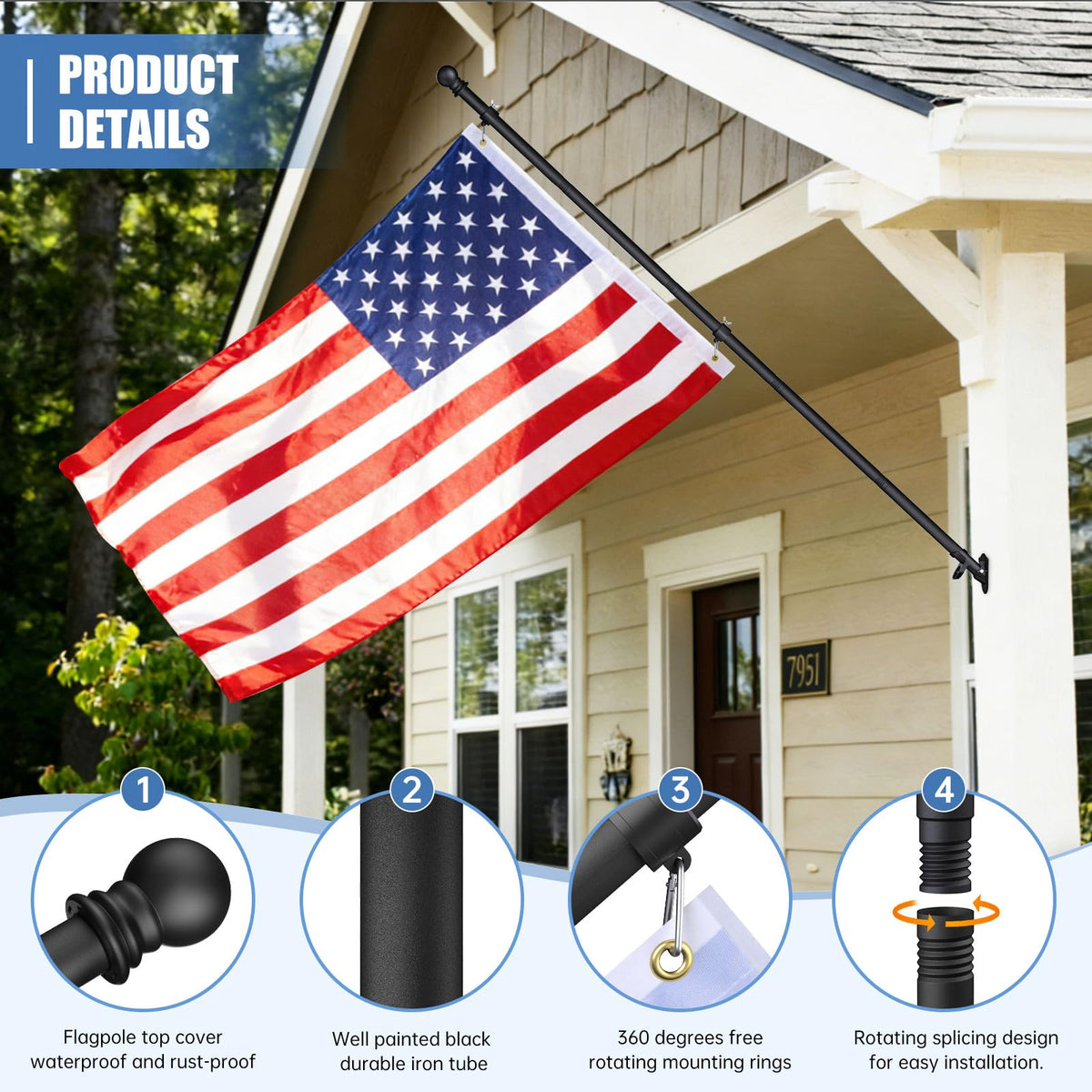 6FT Heavy Duty Tangle Free Steel Flag Pole Kit with 3x5 USA Flag V379