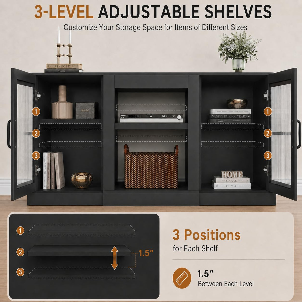 Black 58" TV Stand with Storage Cabinets and Adjustable Shelves K2819