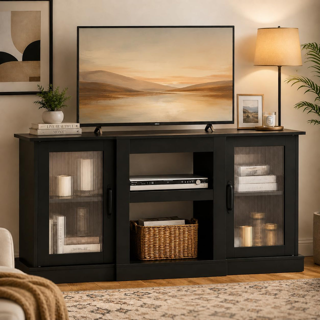 Black 58" TV Stand with Storage Cabinets and Adjustable Shelves K2819