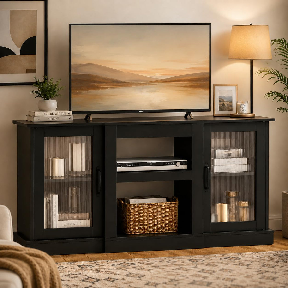Black 58" TV Stand with Storage Cabinets and Adjustable Shelves K2819