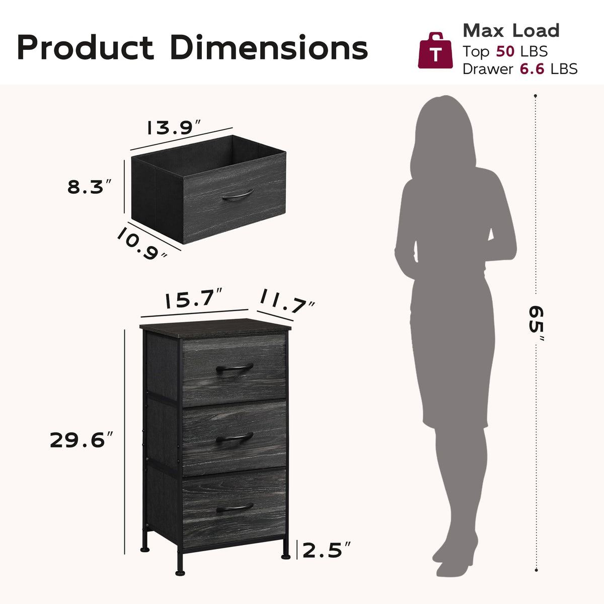 Black 3 Drawer Wood Dresser C207593