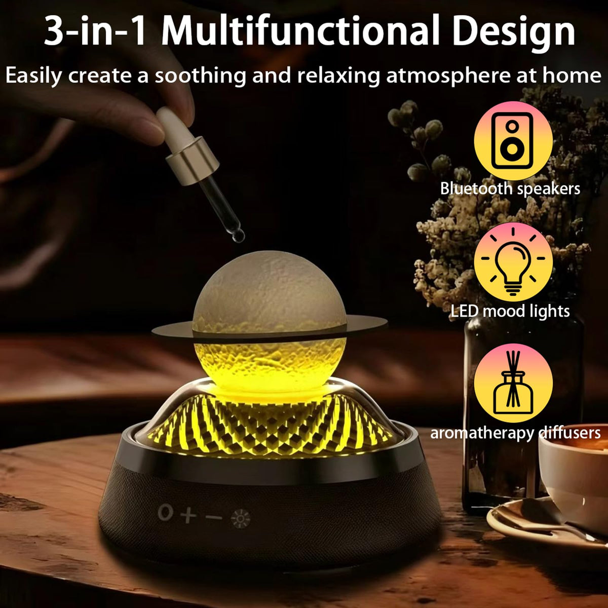 Black Portable Bluetooth Speaker with LED Night Light and Essential Oil Diffuser U9205