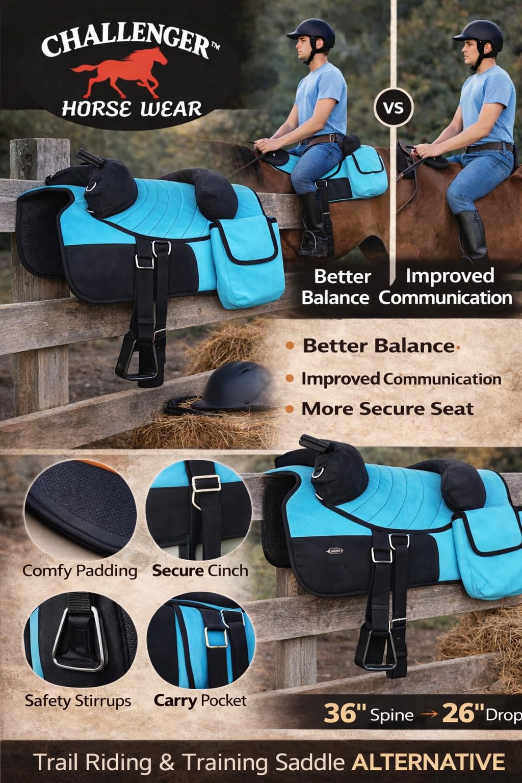 Horse Western Bareback Trail Saddle Pad with Pockets Girth Stirrups V143530