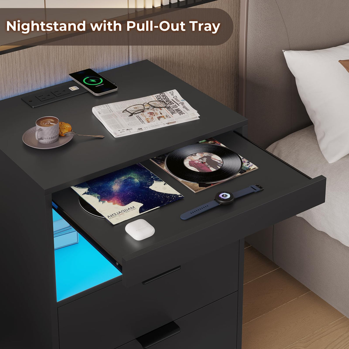 Black LED Nightstand with Wireless Charging Station and 2 Drawers D6901
