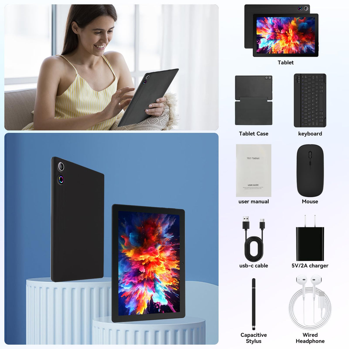 Android 16 Tablet with Keyboard Mouse Stylus Case, 64GB ROM 10.1 inch HD IPS Screen, 6000mAh Battery, WiFi 6 Tablets Bundle A42034
