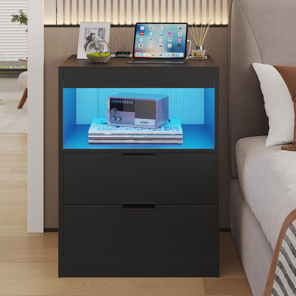 Black LED Nightstand with Wireless Charging Station and 2 Drawers D6901