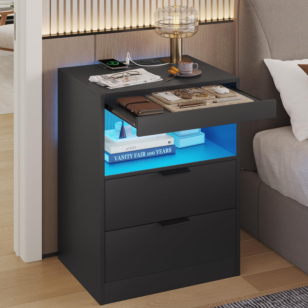 Black LED Nightstand with Wireless Charging Station and 2 Drawers D6901