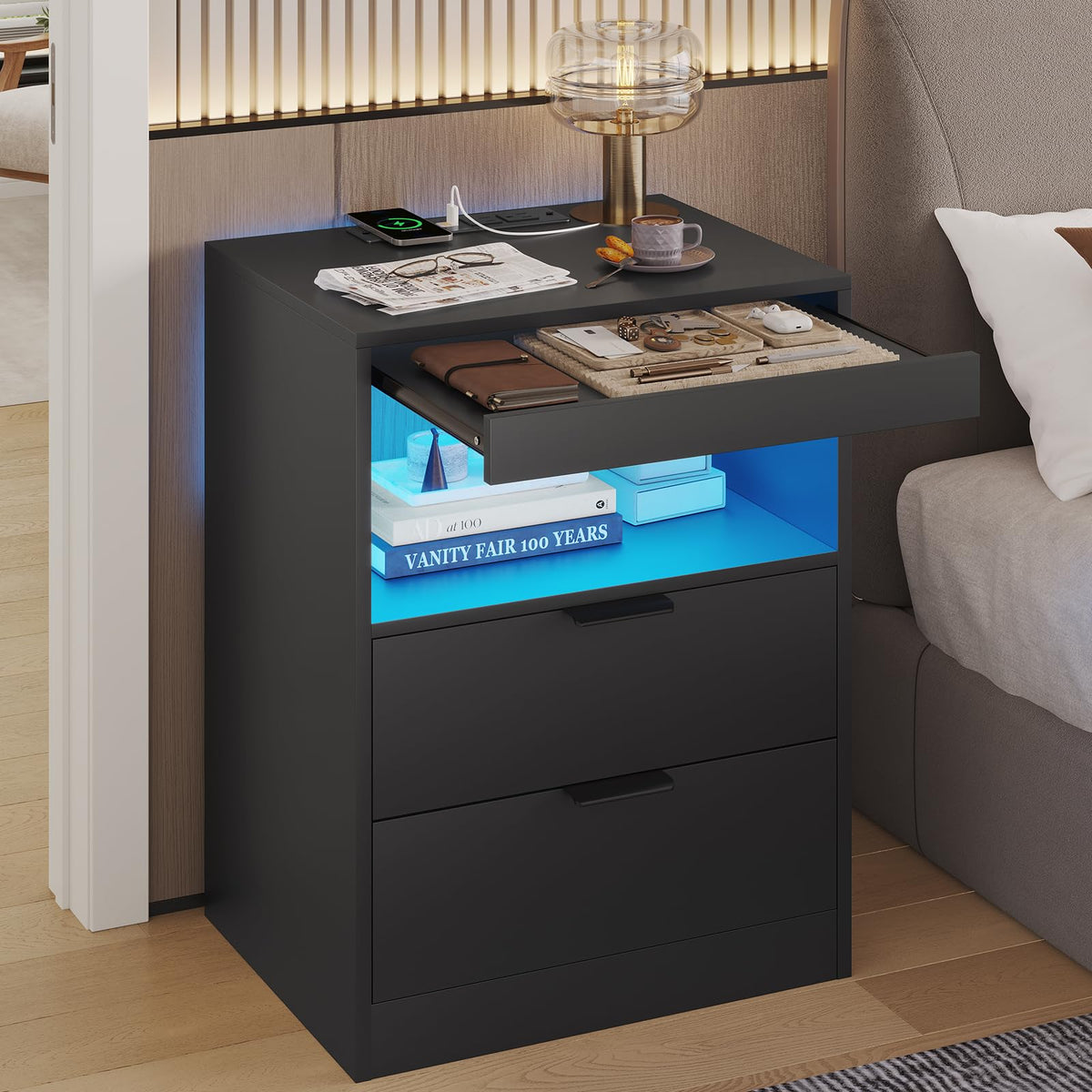 Black LED Nightstand with Wireless Charging Station and 2 Drawers D6901