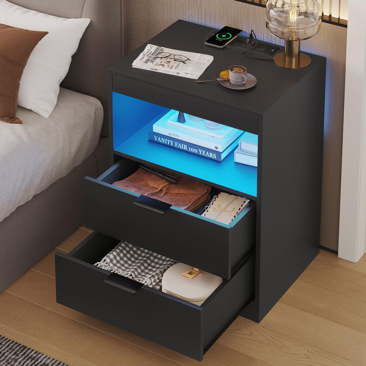 Black LED Nightstand with Wireless Charging Station and 2 Drawers D6901