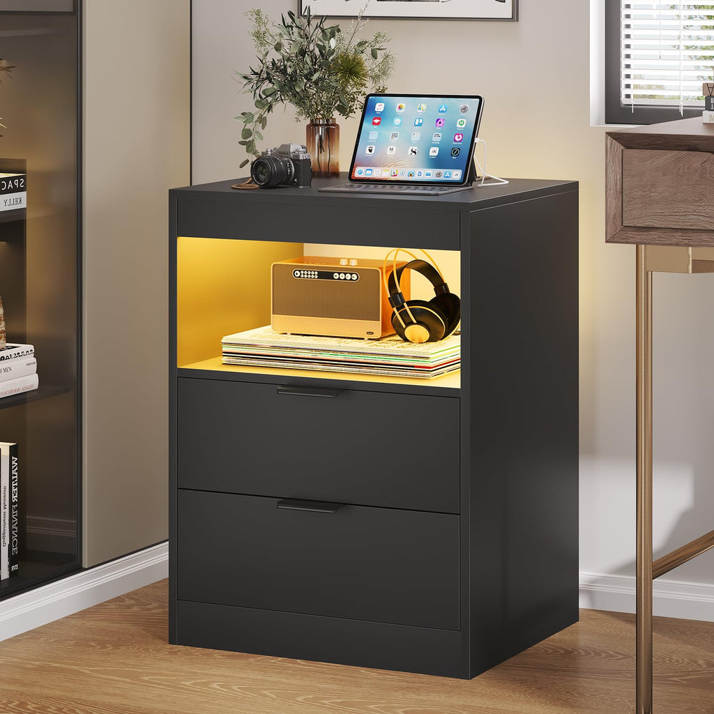 Black LED Nightstand with Wireless Charging Station and 2 Drawers D6901