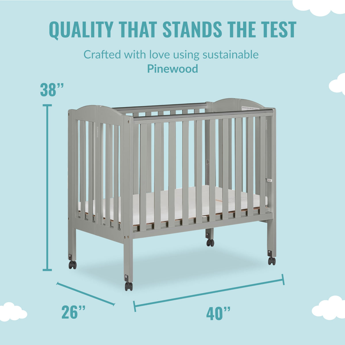 Cool Grey 2 in 1 Folding Portable Crib with 3” Fiber Mattress J62546