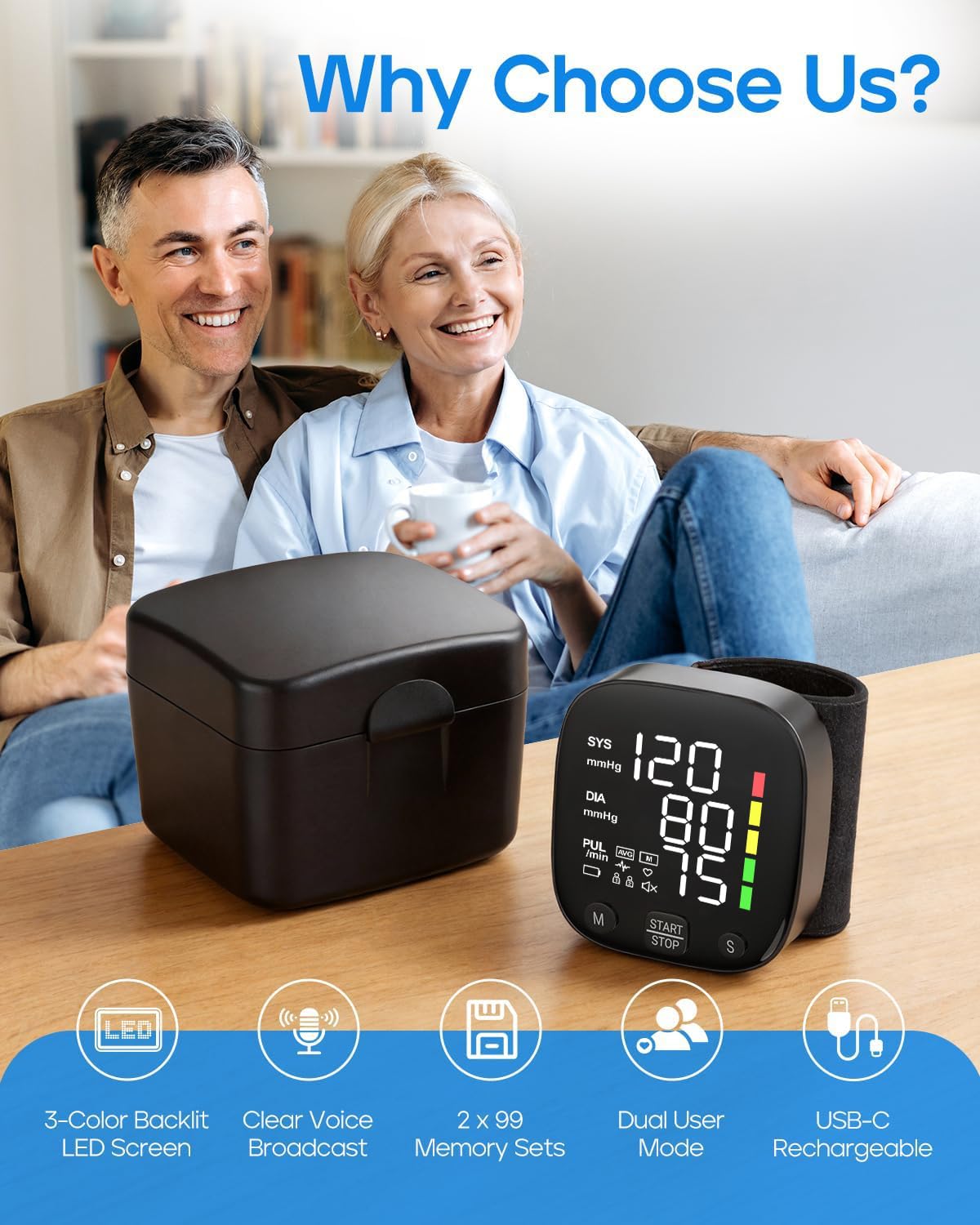 Wrist Blood Pressure Monitor LED Display 2x99 Memory Type-C Rechargeable H291065