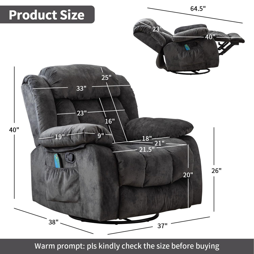 Grey Manual Swivel Rocker Recliner with Heat and Vibration G99741