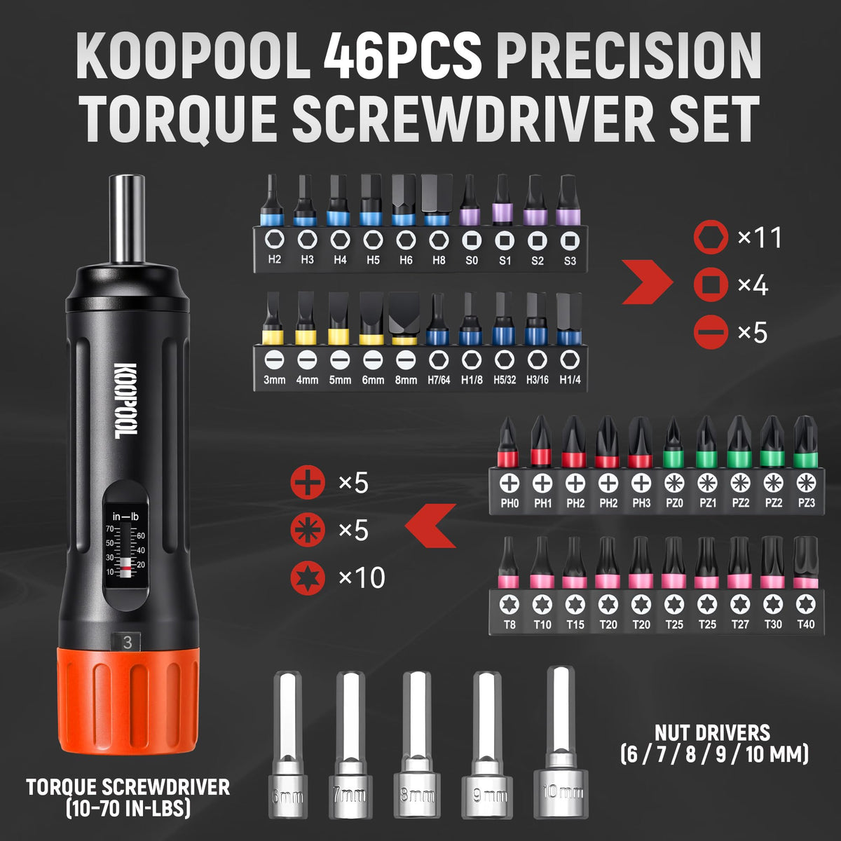 46Pcs Torque Screwdriver Set 1/4" 10-70 in-lb E76536