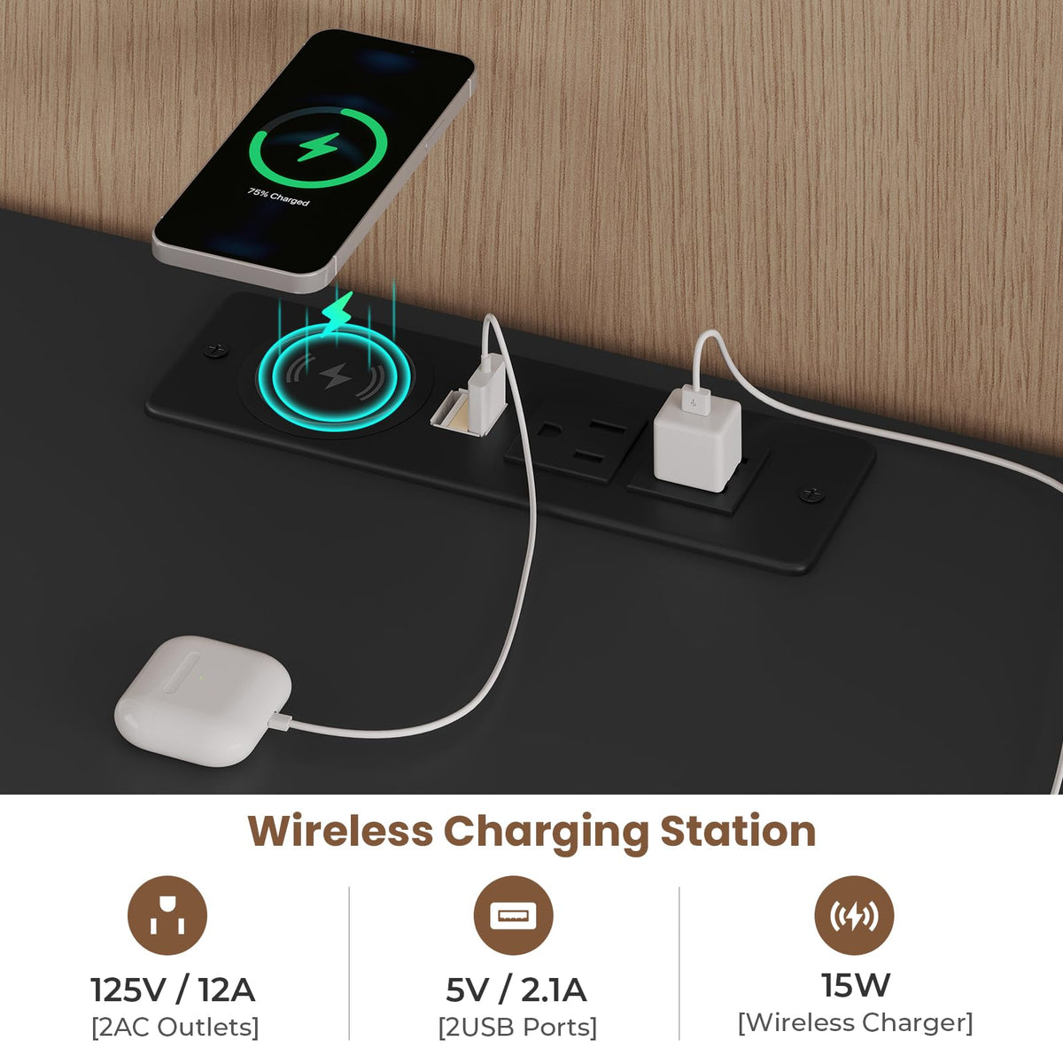 Black LED Nightstand with Wireless Charging Station and 2 Drawers D6901