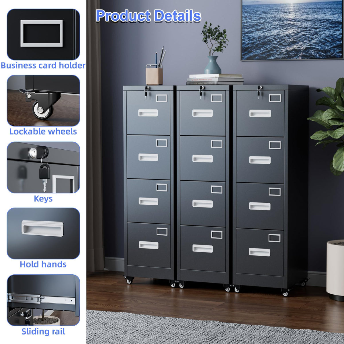 4 Drawer Metal File Cabinet with Lock, Black Q1686