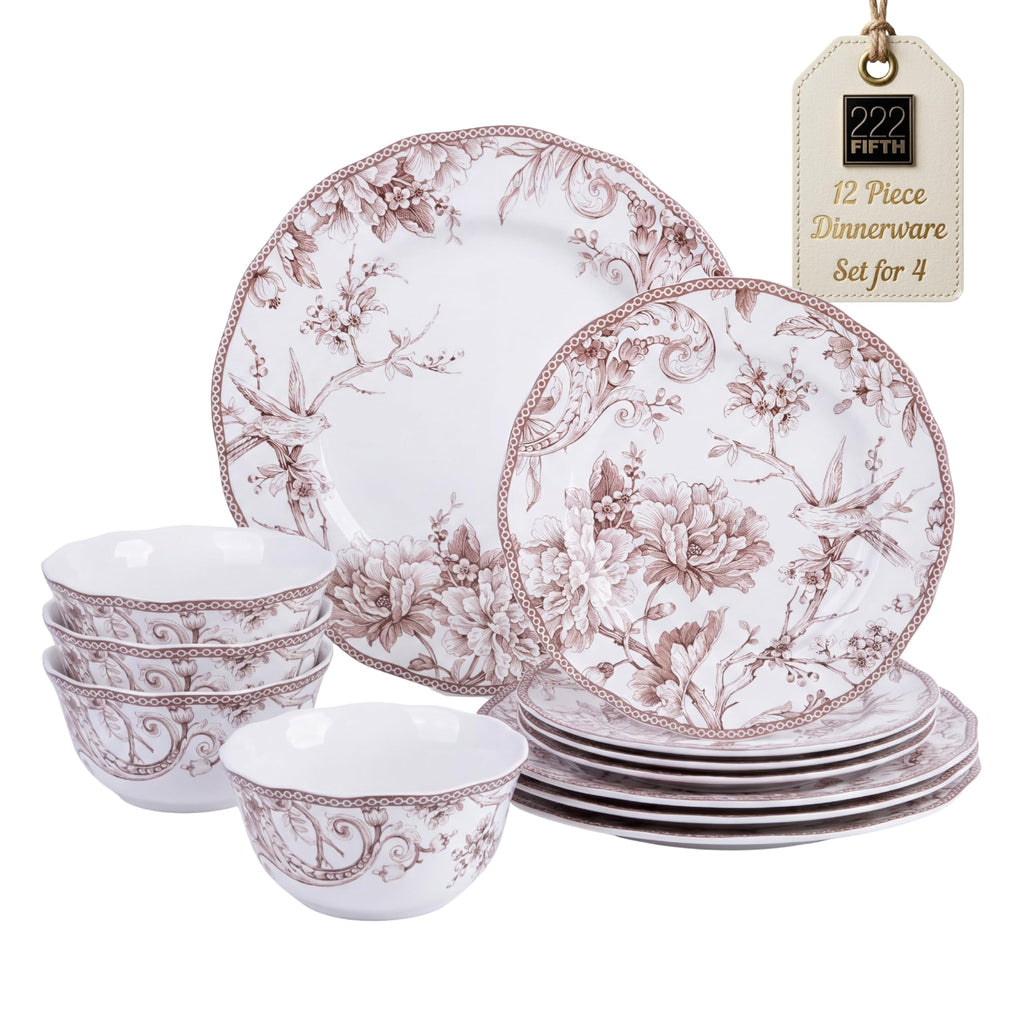 Brown on White 12-Piece Porcelain Dinnerware Set A287252