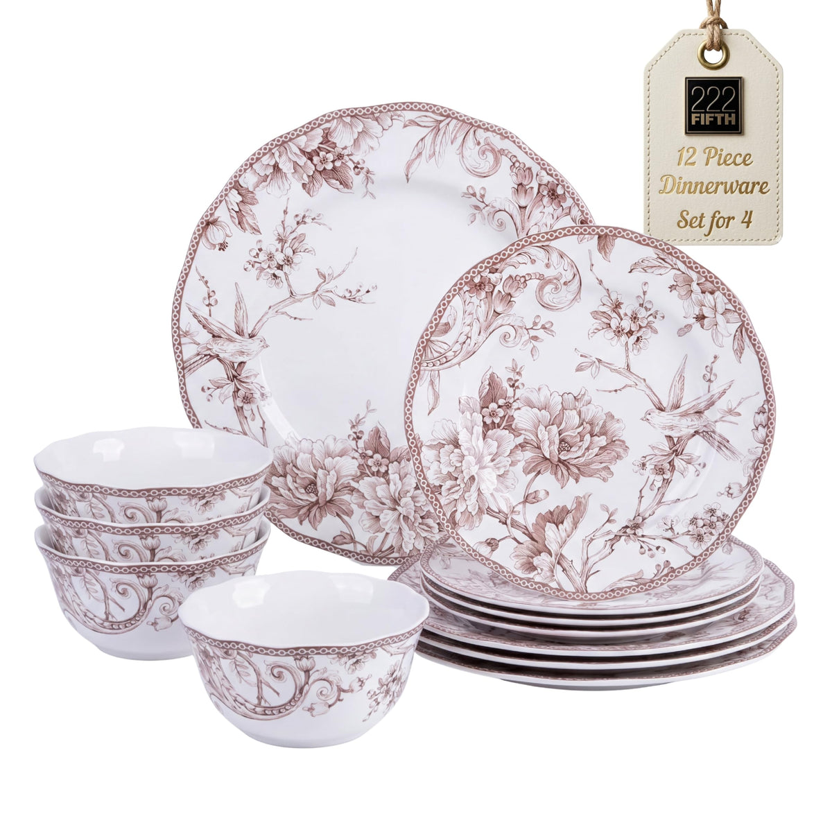 Brown on White 12-Piece Porcelain Dinnerware Set A287252