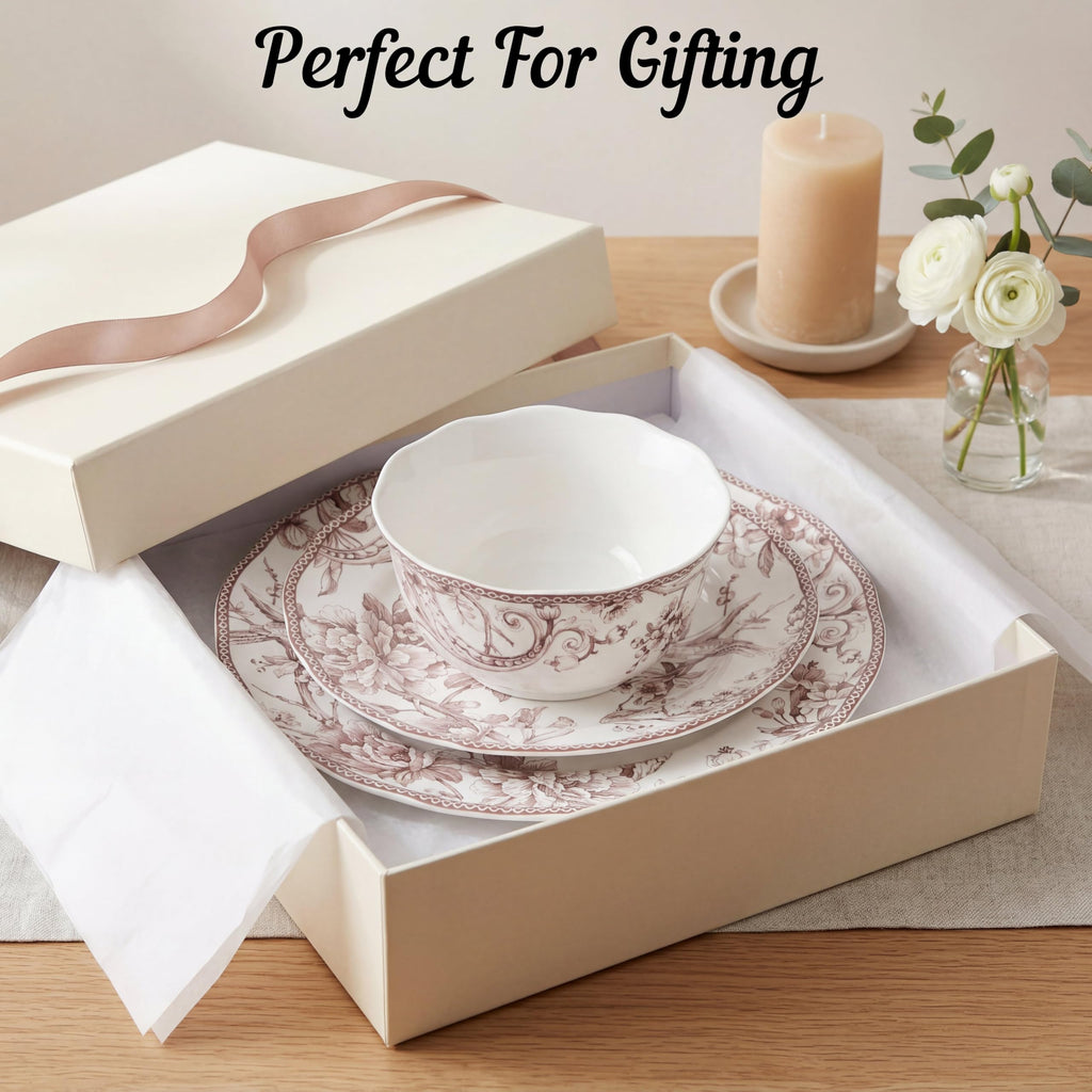 Brown on White 12-Piece Porcelain Dinnerware Set A287252