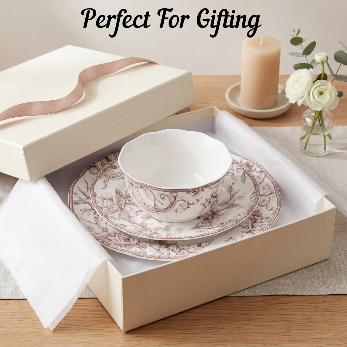 Brown on White 12-Piece Porcelain Dinnerware Set A287252