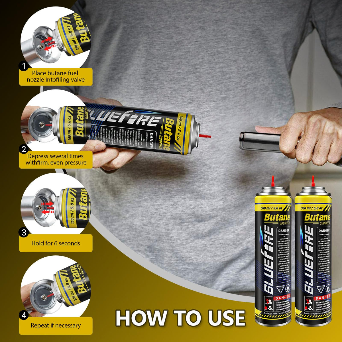 Pack of 2 Butane Fuel Refill 10.56 fl oz Canister with 5 Nozzle Adapters B6722