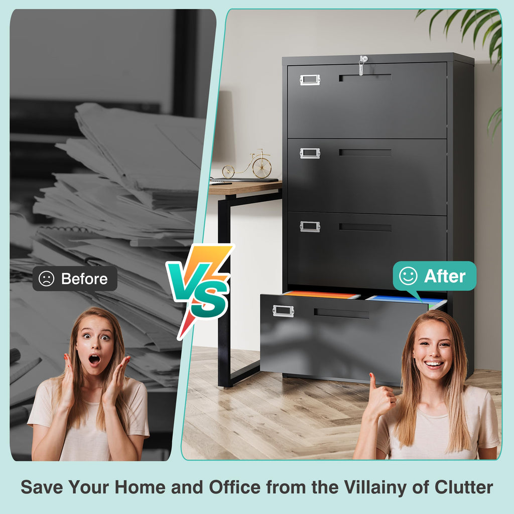 Black 4 Drawer Metal Lateral File Cabinet with Lock K91697