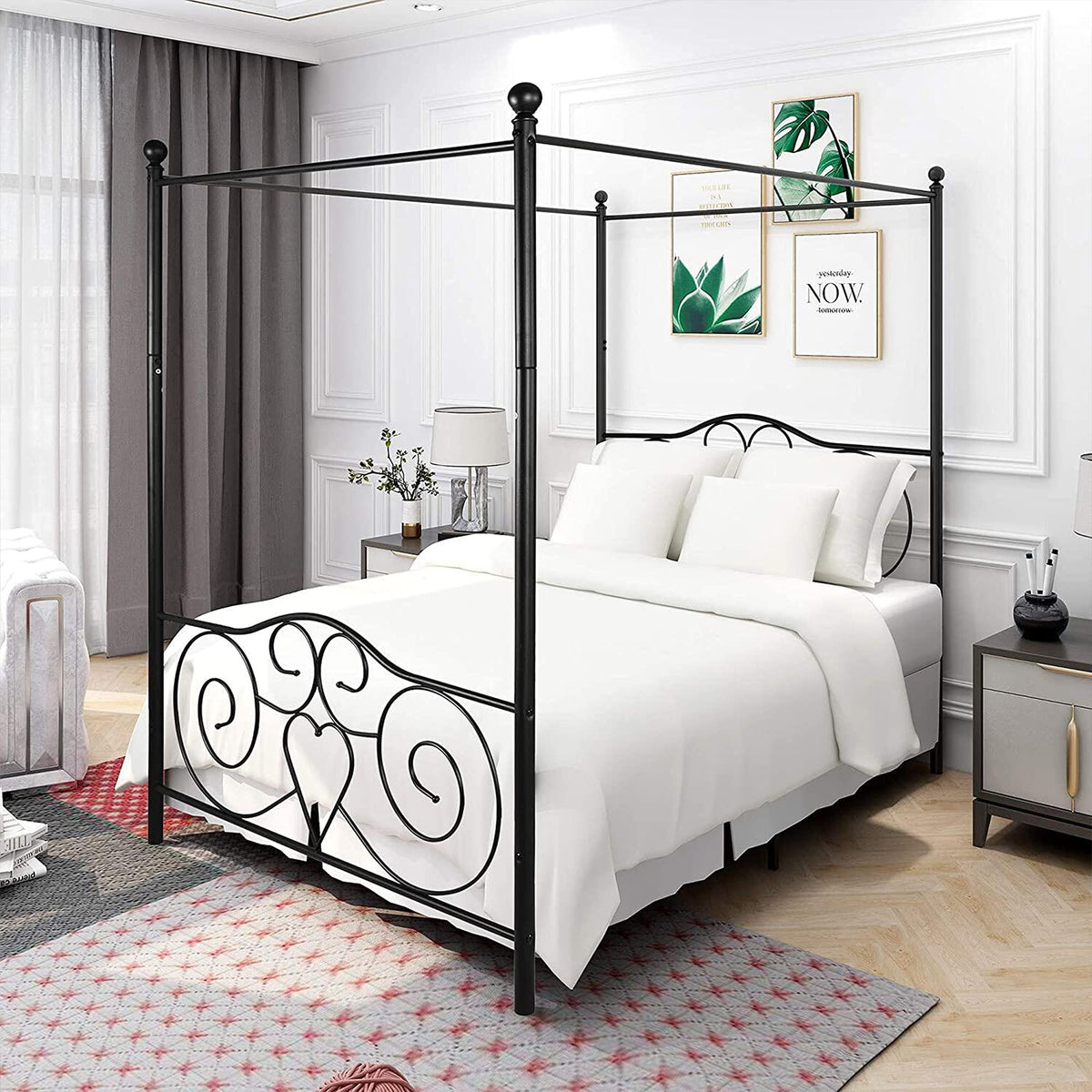 Black Steel Slat Bed Frame with Headboard and Footboard V72548