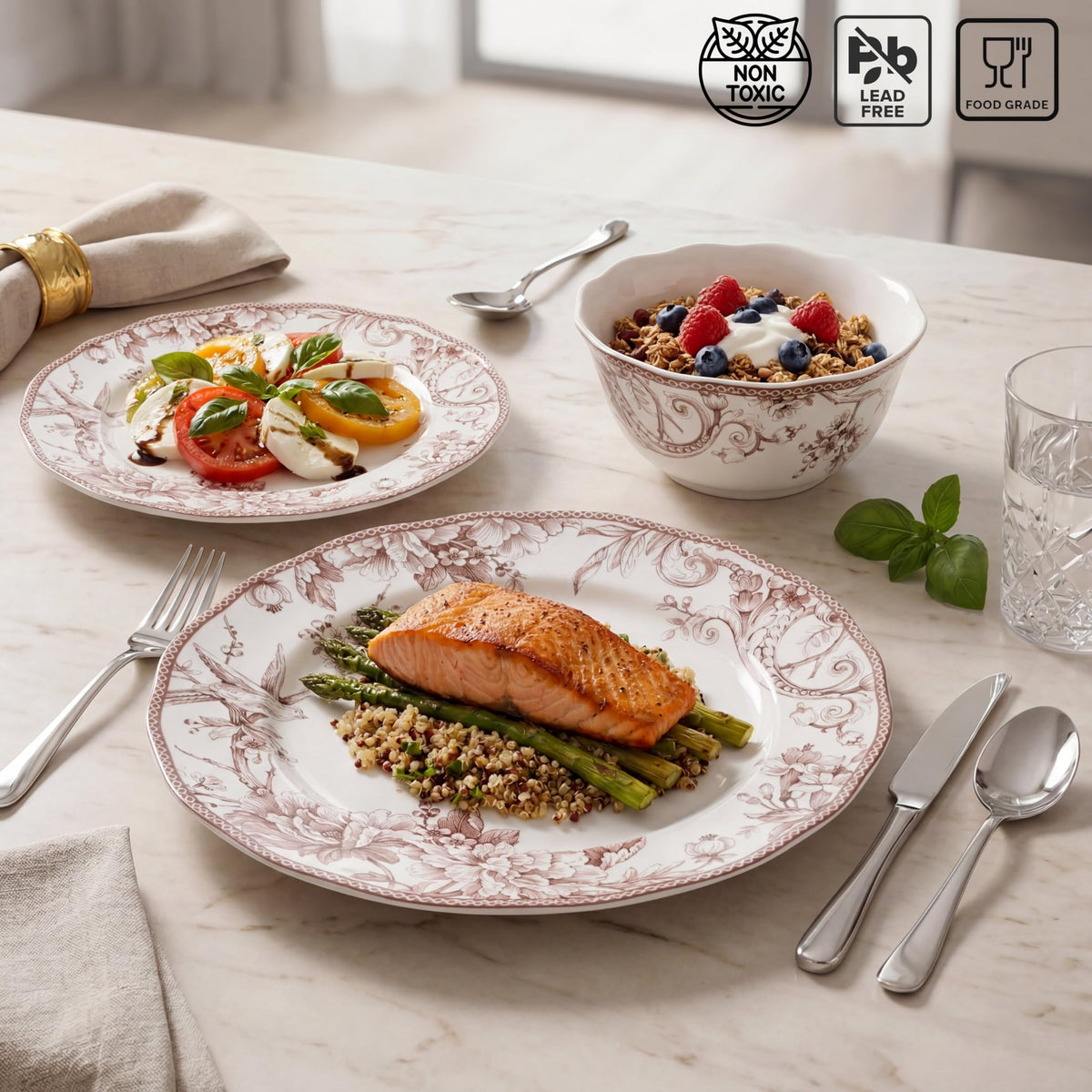 Brown on White 12-Piece Porcelain Dinnerware Set A287252
