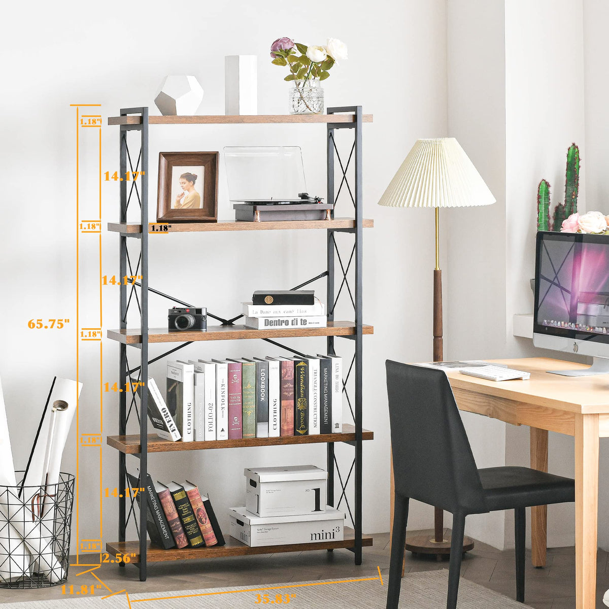 5-Tier Industrial Bookshelf with Metal Frame B6392